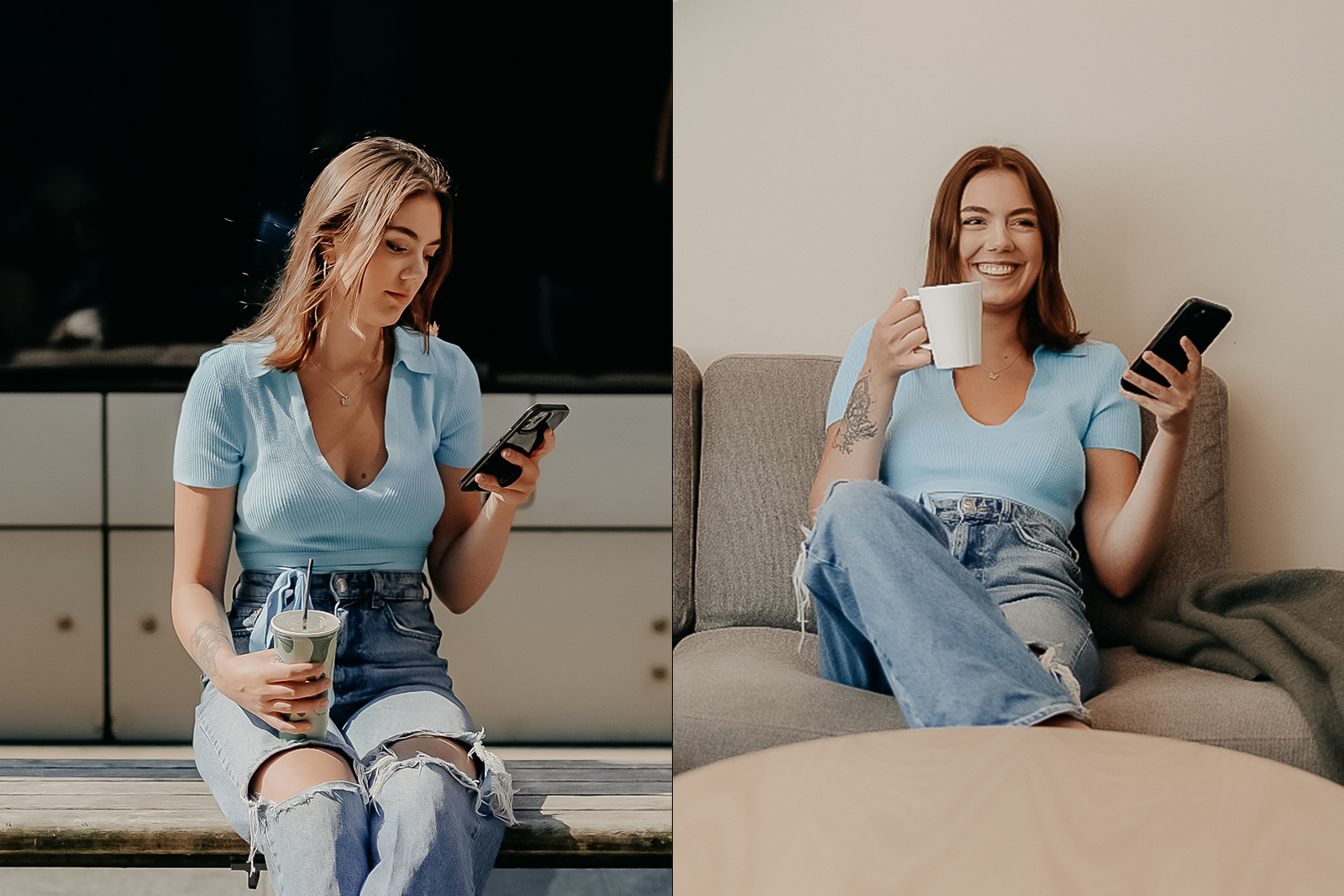 dame med kaffe i sofa